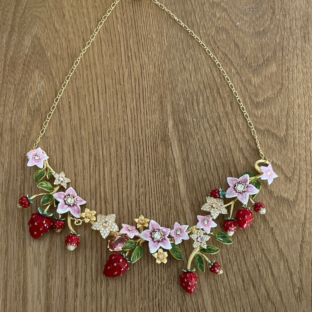 Anthropologie Pink, Red & Green Strawberry Floral Necklace - Picture 2 of 10